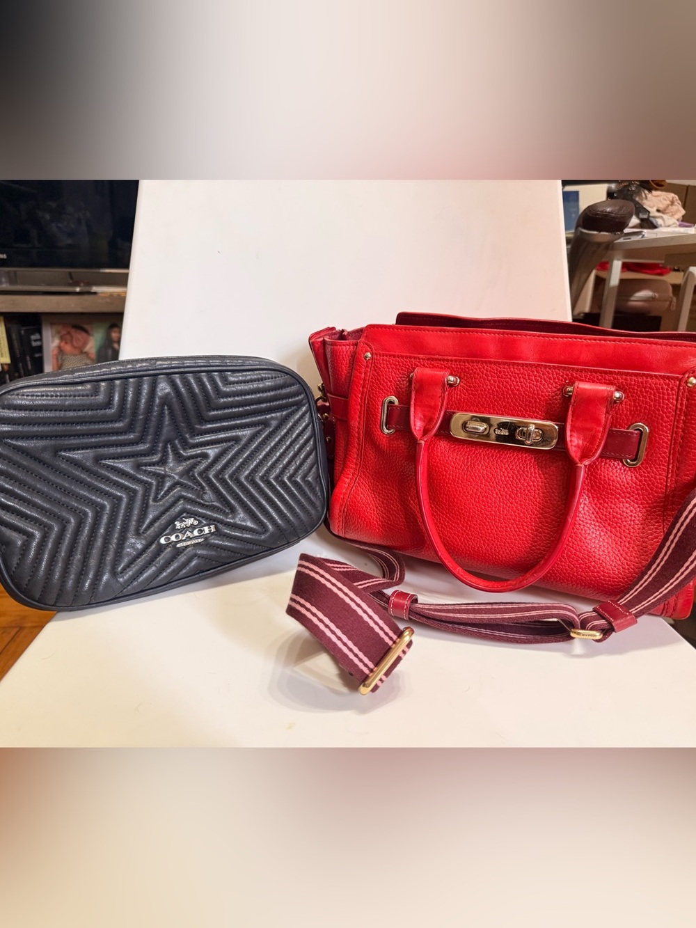 Coach Black Quilted Star Crossbody and Red Pebbled Leather Satchel